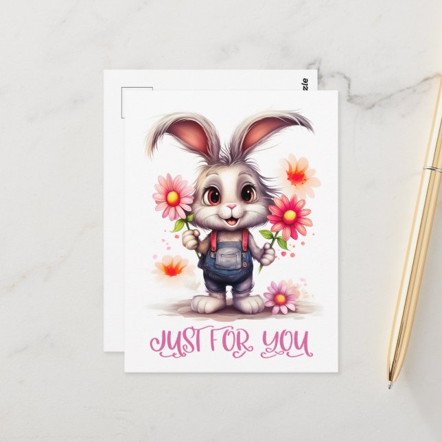 Carte Postale Rabbit Adorable Avec Fleurs Juste Pour Vous (Devant/Arrière en situation)