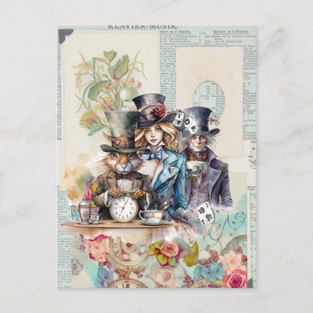 Carte Postale Rabbit, Alice et Hatter en chapeaux supérieurs (Devant)