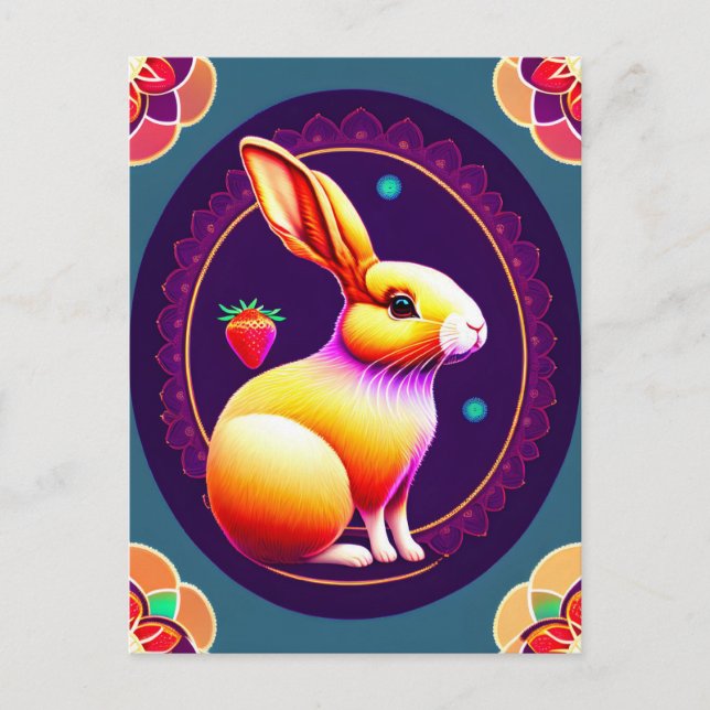 Carte Postale Rabbit, fraise, Mandala, poste (Devant)
