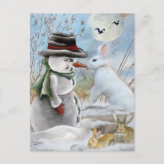Carte Postale Rabbit Manger le nez de Snowman (Devant)