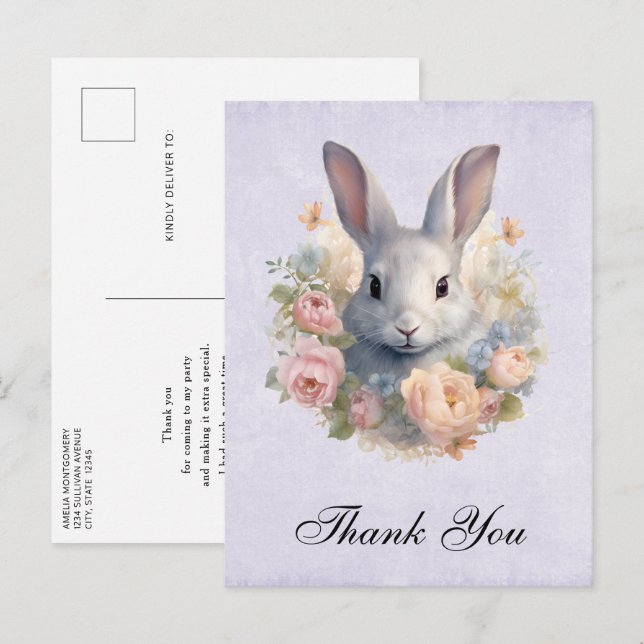Carte Postale Rabbit Surrounded by Pastel Flowers Cute Thank You (Devant / Derrière)