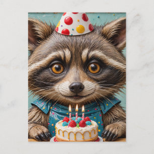 Carte Postale Raccoon adorable avec gâteau d'anniversaire