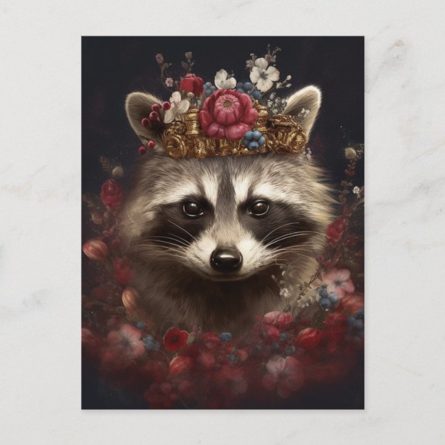 Carte Postale Raccoon adorable dans une couronne avec fleurs (Devant)