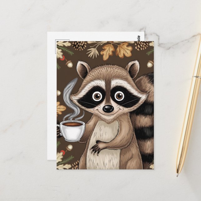Carte Postale Raccoon Avec Café (Devant/Arrière en situation)
