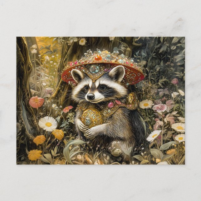 Carte Postale Raccoon avec un champignon à l'ail volante en Imag (Devant)
