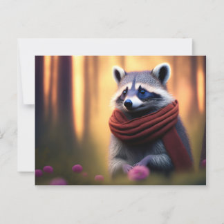Carte Postale Raccoon avec une écharpe dans la forêt