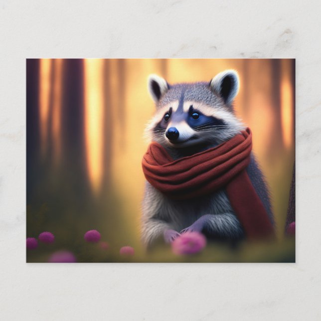 Carte Postale Raccoon avec une écharpe dans la forêt (Devant)