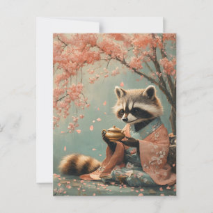 Carte Postale Raccoon Bouddha : Thé Paisible Sous Cherry Tree