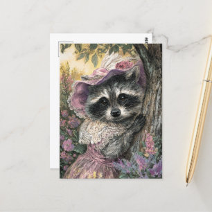 Carte Postale Raccoon de charme en robe rose