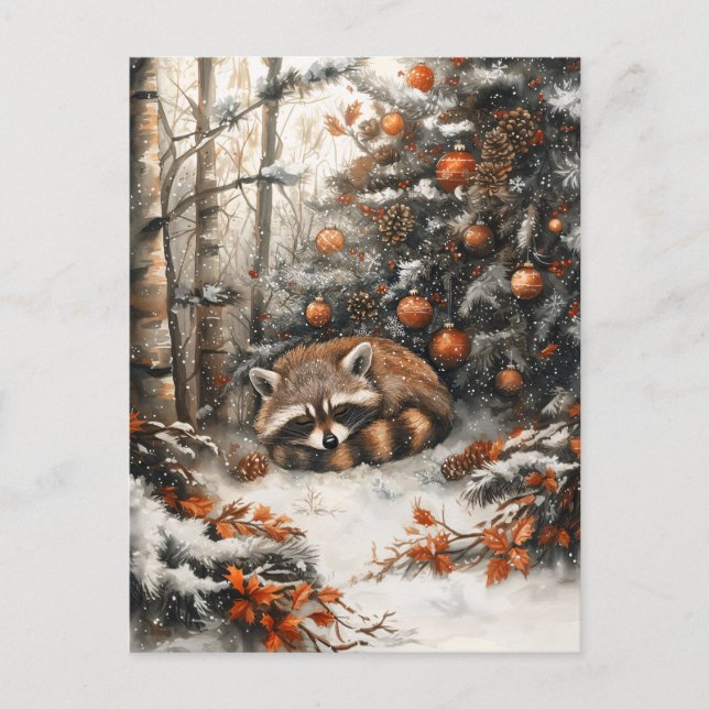 Carte Postale Raccoon dormant Whimsical Noël rustique (Devant)