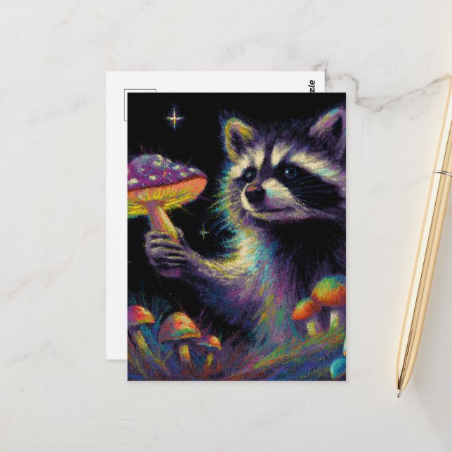 Carte Postale Raccoon et champignons (Devant/Arrière en situation)