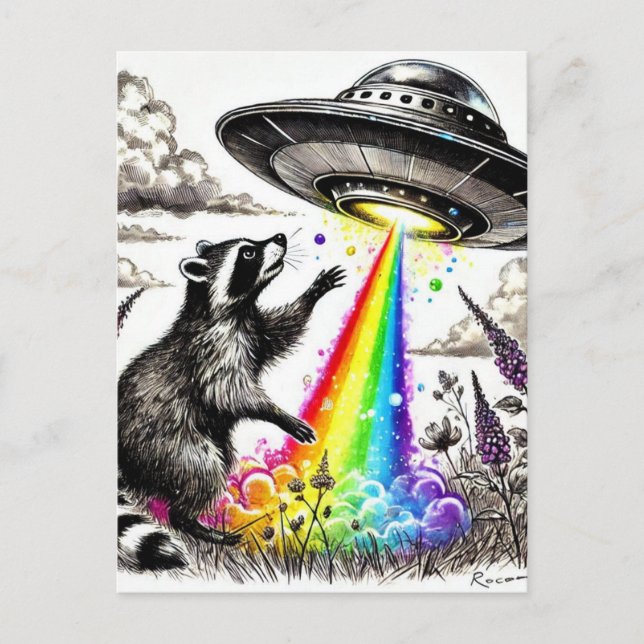 Carte Postale Raccoon et l'OVNI arc-en-ciel dans une prairie fle (Devant)