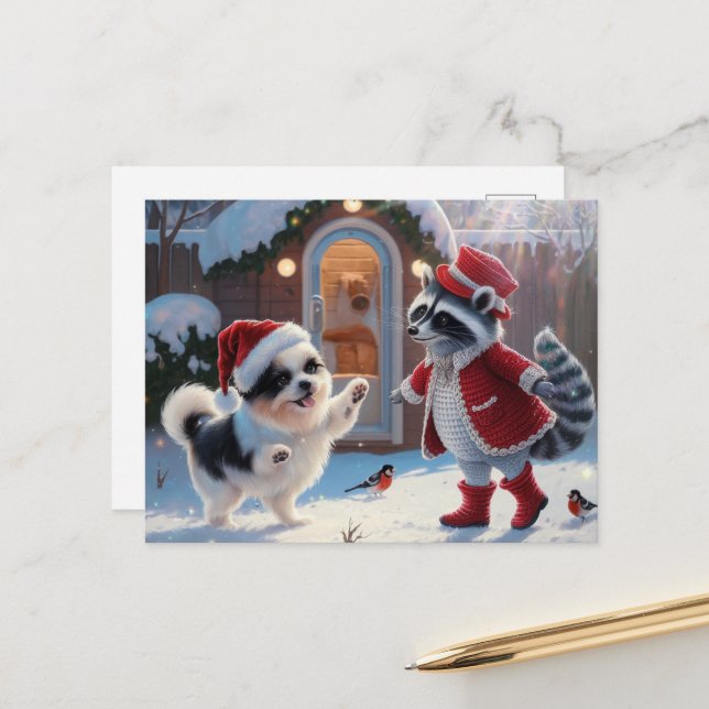Carte Postale Raccoon et un mignon chien fête Noël (Devant/Arrière en situation)