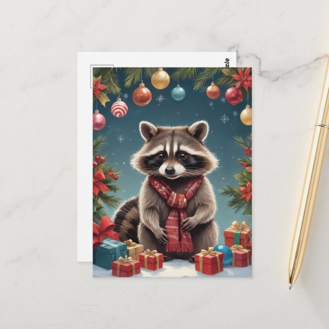 Carte Postale Raccoon festif aux lumières de Noël (Devant/Arrière en situation)