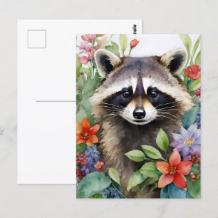 Carte Postale Raccoon Floral Aquarelle Art