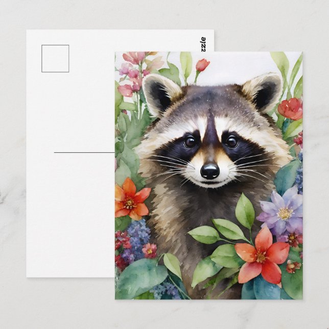 Carte Postale Raccoon Floral Aquarelle Art (Devant / Derrière)