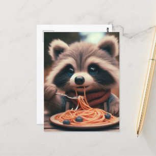Carte Postale Raccoon Mange Spaghetti