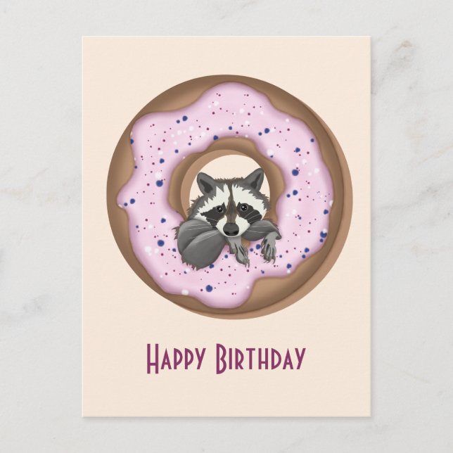 Carte Postale Raccoon mignon avec Donut doux Joyeux Anniversaire (Devant)