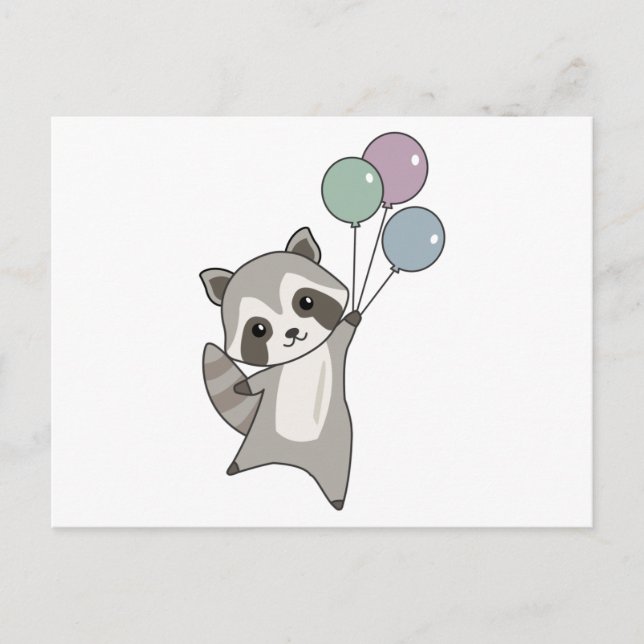 Carte Postale Raccoon Mouches Ballons Au-Dessus De Mignons Anima (Devant)