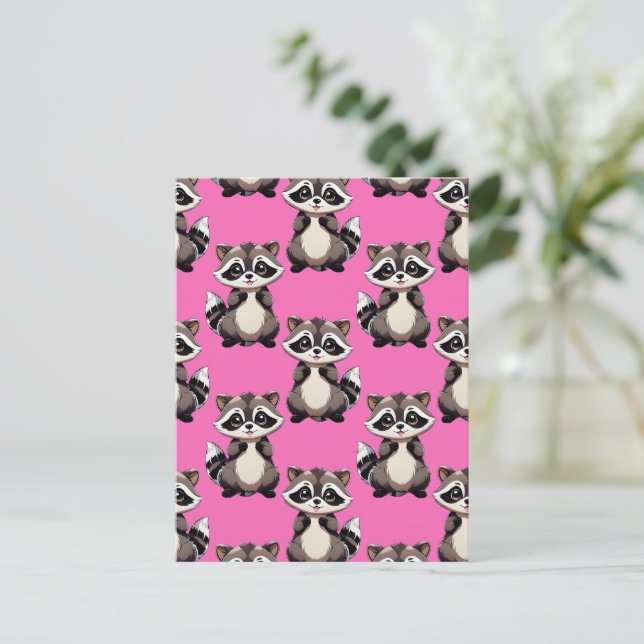 Carte Postale Raccoon Pattern Design Pink  (Debout devant)