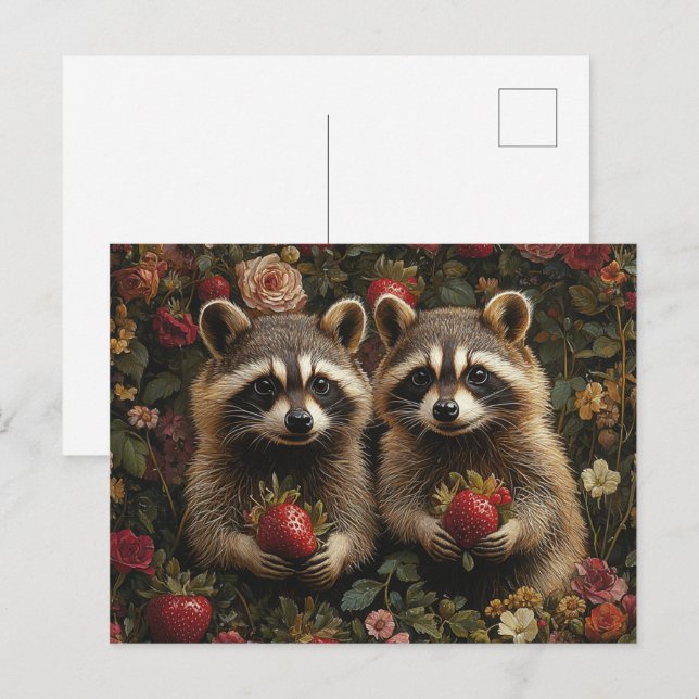 Carte Postale Raccoons Adorables Aux Fraises (Devant / Derrière)