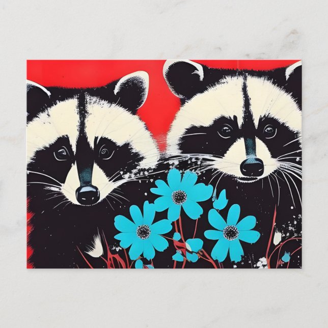 Carte Postale Raccoons Adorables Avec Fleurs Bleues Arrière - pl (Devant)