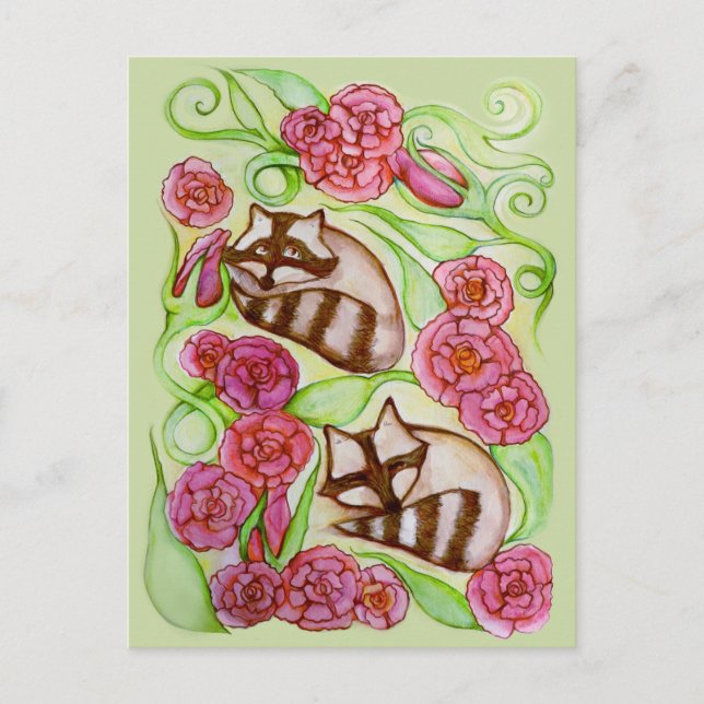 Carte Postale Raccoons Roses de printemps (Devant)