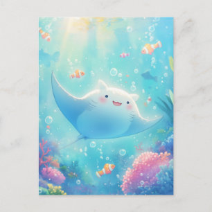 Carte Postale Raie Manta Kawaii Heureuse Récif Ensoleillé