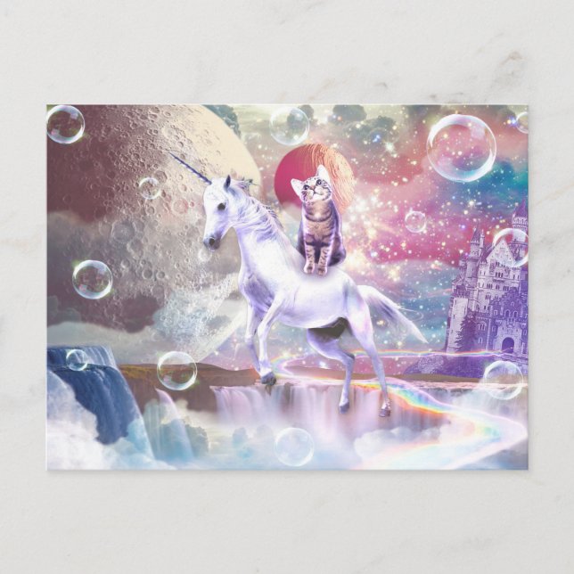 Carte Postale Rainbow galaxy chat équitation licorne dans l'espa (Devant)