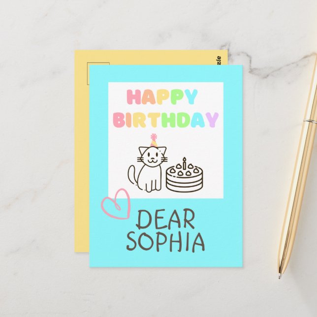 Carte postale Rainbow Happy Birthday Cat (Devant/Arrière en situation)