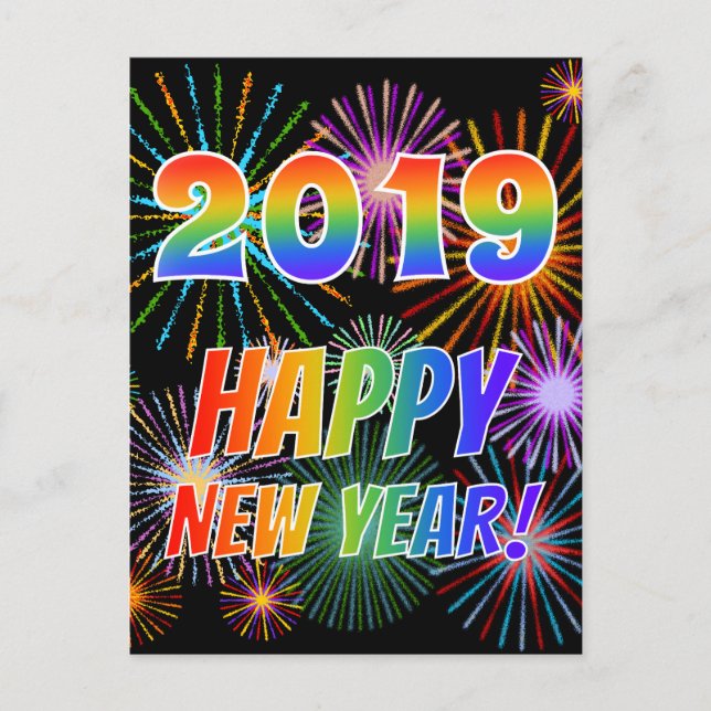 Carte Postale Rainbow Letters "2019" + "HEUREUX NOUVEL AN !" (Devant)