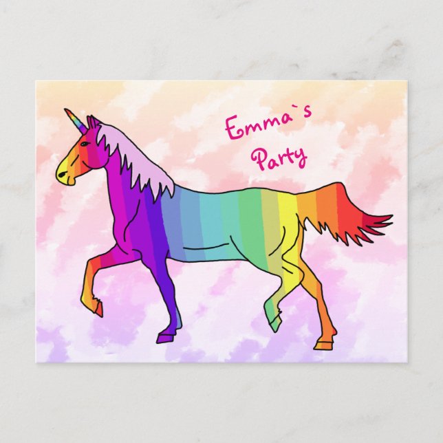 Carte Postale Rainbow Unicorn Invitation de fête d'anniversaire (Devant)