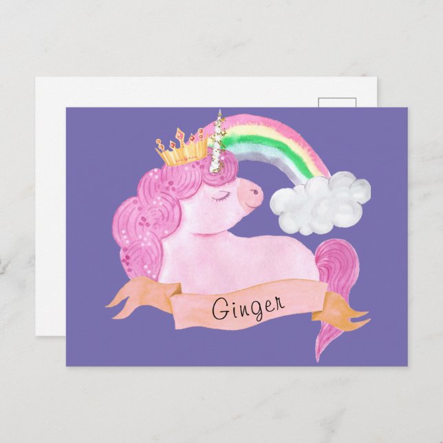 Carte Postale 🌈 Rainbow Unicorn Nom personnalisé (Devant / Derrière)