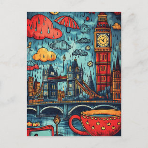 Carte Postale Rainy Day à Londres, Illustration colorée du Doodl