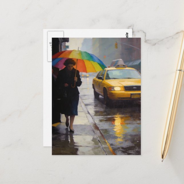 Carte Postale Rainy Day Abstract Woman A Rainbow Umbrella Taxi (Devant/Arrière en situation)
