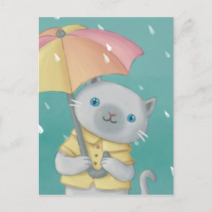 Carte Postale Rainy Day : Illustration de chat et parapluie