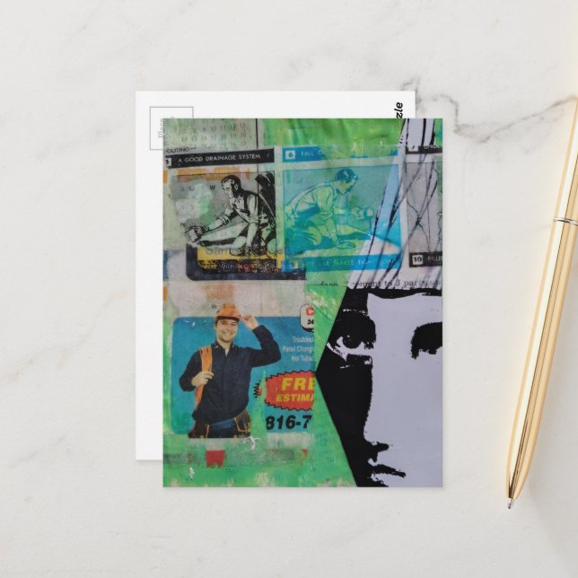 Carte Postale Random Mixed Media Collage Working Men and a Face (Devant/Arrière en situation)