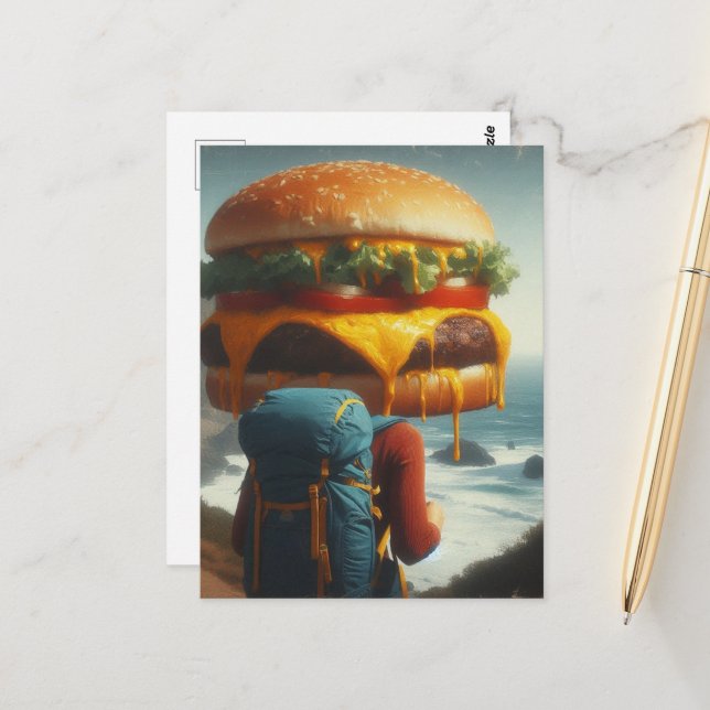 Carte Postale Randonnée avec un cheeseburger sur mon esprit (Devant/Arrière en situation)
