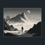 Carte Postale Randonneurs solitaires noirs et blancs dans les mo<br><div class="desc">Lone Hiker : Cette carte postale saisissante présente un dessin en noir et blanc d'un randonneur solitaire qui marche vers un vaste espace désertique avec des montagnes en perspective au clair de lune. La simplicité du noir et du blanc contraste avec la grandeur du paysage, créant un sentiment de solitude...</div>