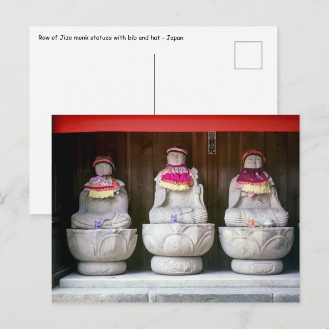 Carte Postale Rangée de statues de moines Jizo avec bavoir et ch (Devant / Derrière)