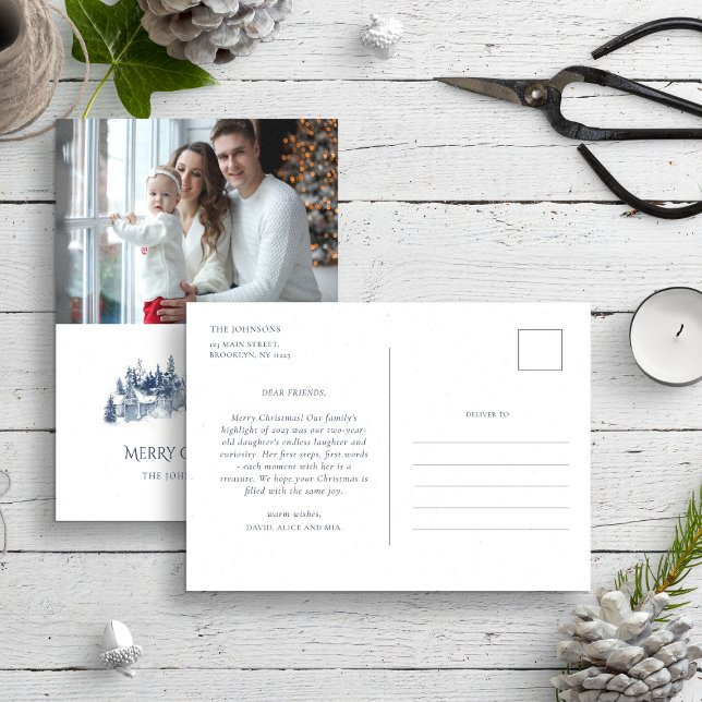 Carte Postale Rapport annuel de famille Bleu Noël Hiver Photo (Créateur téléchargé)