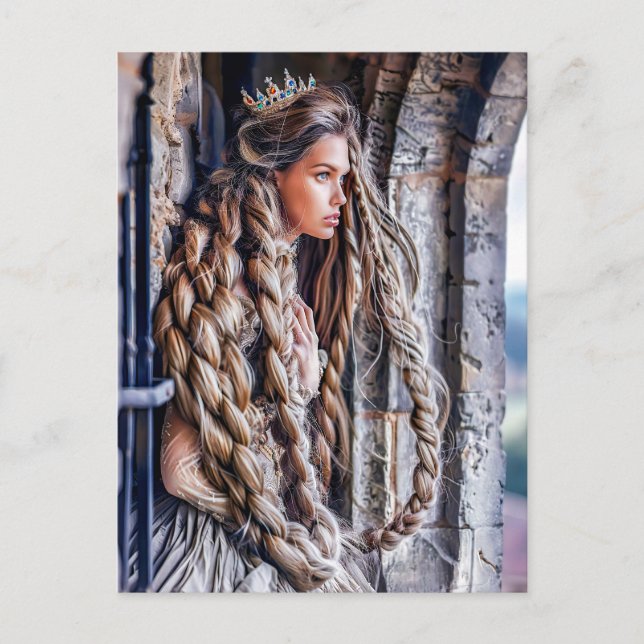 Carte Postale Rapunzel avec ses cheveux longs dans la tour (Devant)