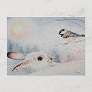 Carte Postale Raquette à neige Rabbit & Chickadee Oiseau Aquarel