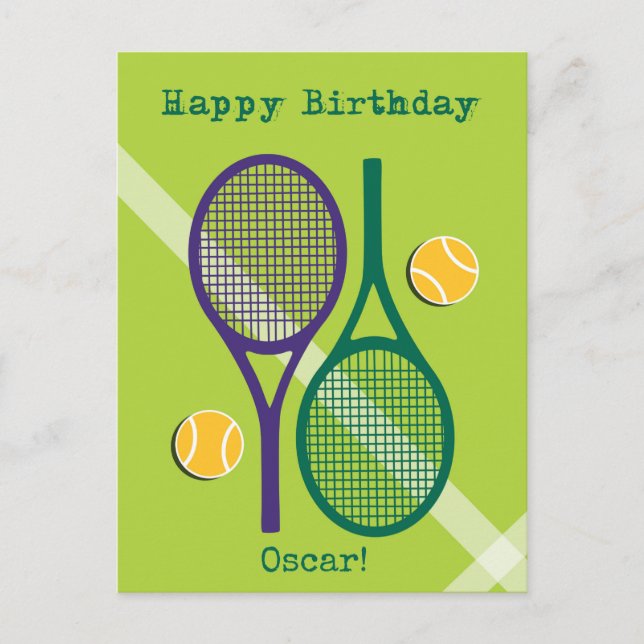 Carte Postale Raquette de tennis vert et violet frais Anniversai (Devant)