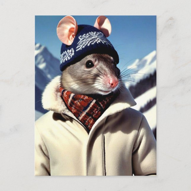 Carte Postale Rat drôle qui modélise des vêtements de ski (Devant)
