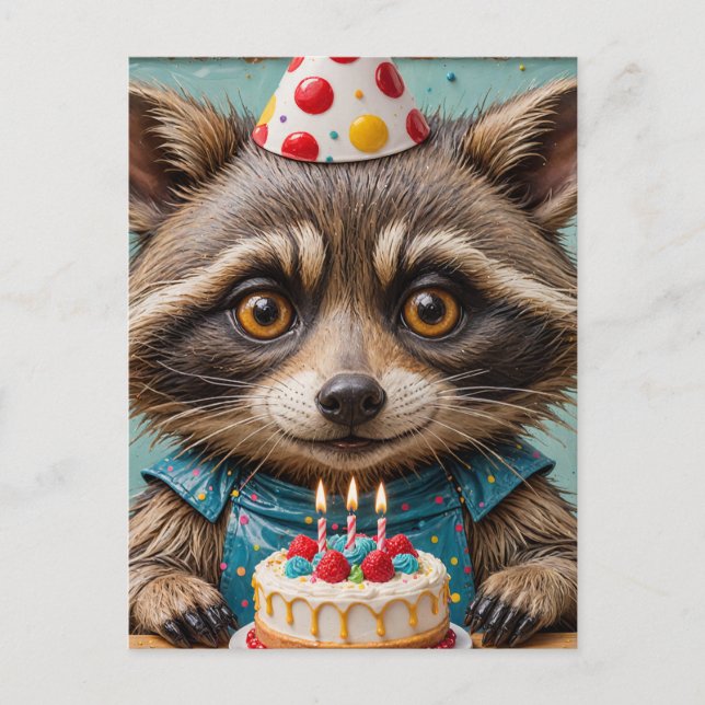 Carte Postale Raton laveur adorable avec un gâteau d'anniversair (Devant)