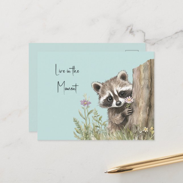 Carte Postale Raton laveur avec fleur (Devant/Arrière en situation)