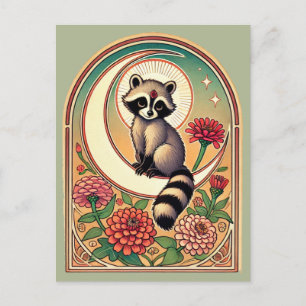 Carte Postale Raton laveur avec Zinnias