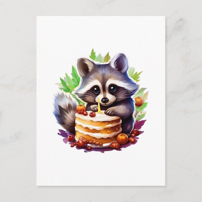 Carte Postale Raton laveur de printemps d'été avec un gâteau d'a (Devant)