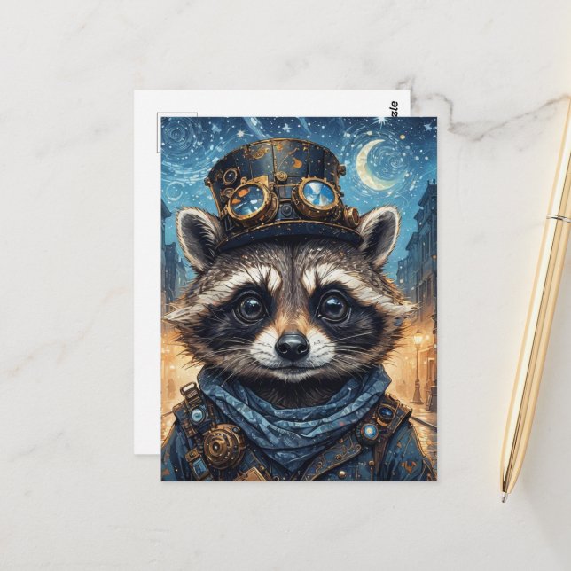 Carte Postale Raton laveur Steampunk (Devant/Arrière en situation)